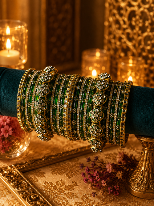 Emerald Green Bridal Designer Bangles Set with Kundan Bangles