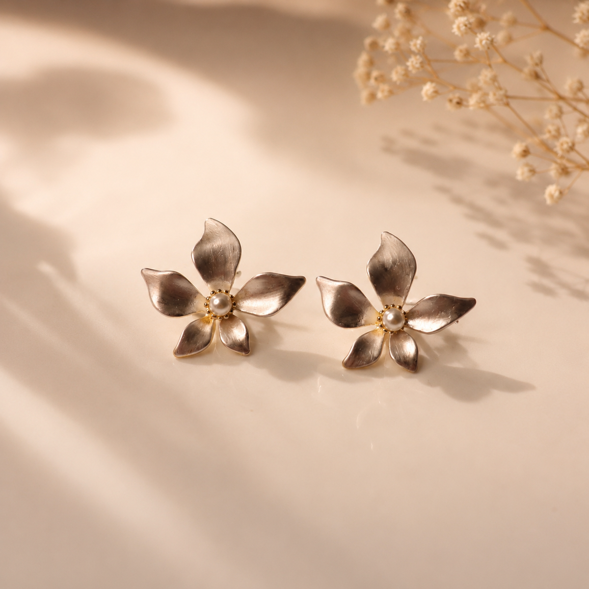 Turkish Pearl Flower Stud Earrings | Anti-Tarnish Floral Earrings | Vintage Statement Earrings for Women