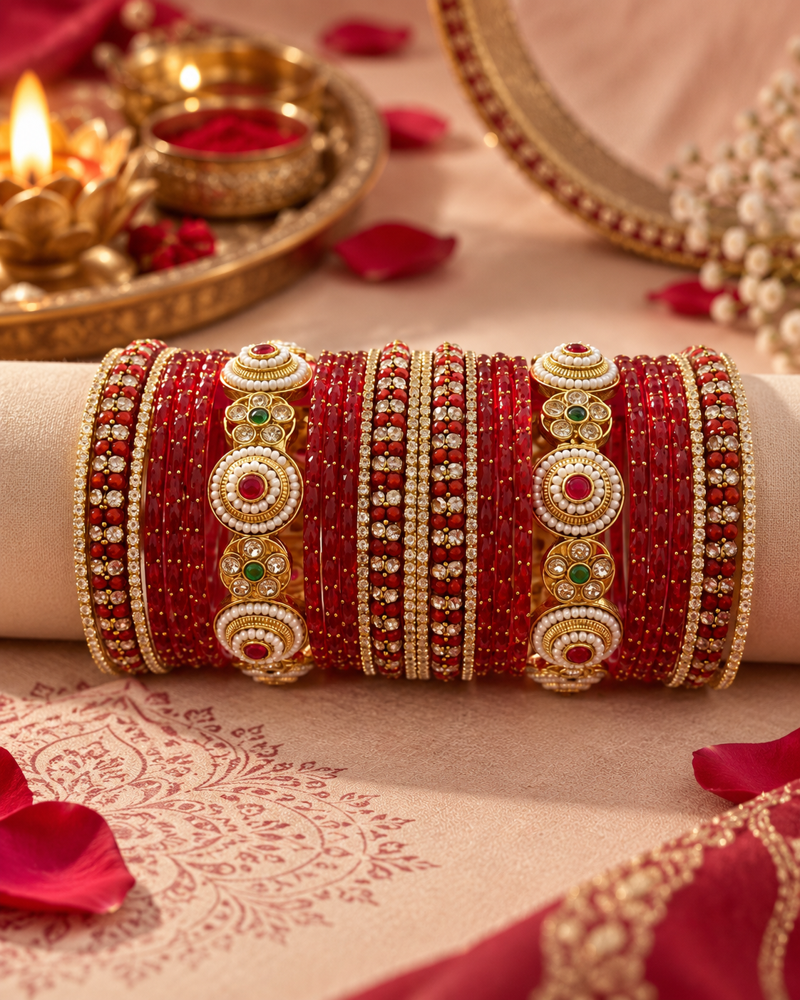 Red Designer Bangles for Women, Bridal Stone Studded Bangle Set, Traditional Kangan Jewellery for Wedding Festive Wear, Sizes 2.4 & 2.8