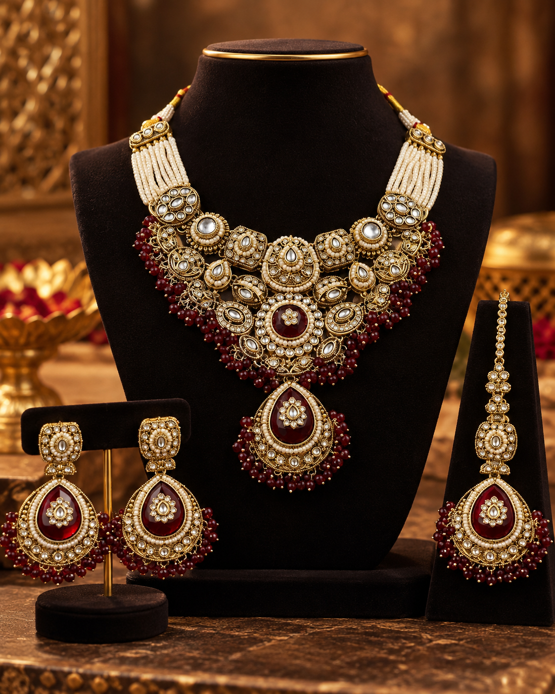 Bridal Necklace Set for Women with Earrings & Maang Tikka, Heavy Look Indian Ethnic Jewellery Set for Wedding, Karwa Chauth, Diwali & Festive Occasions