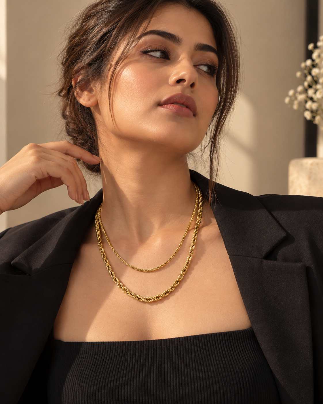 Gold Double Layer Chain Necklace for Women | Rope Chain & Dainty Link Layered Necklace | Minimal Statement Fashion Jewellery