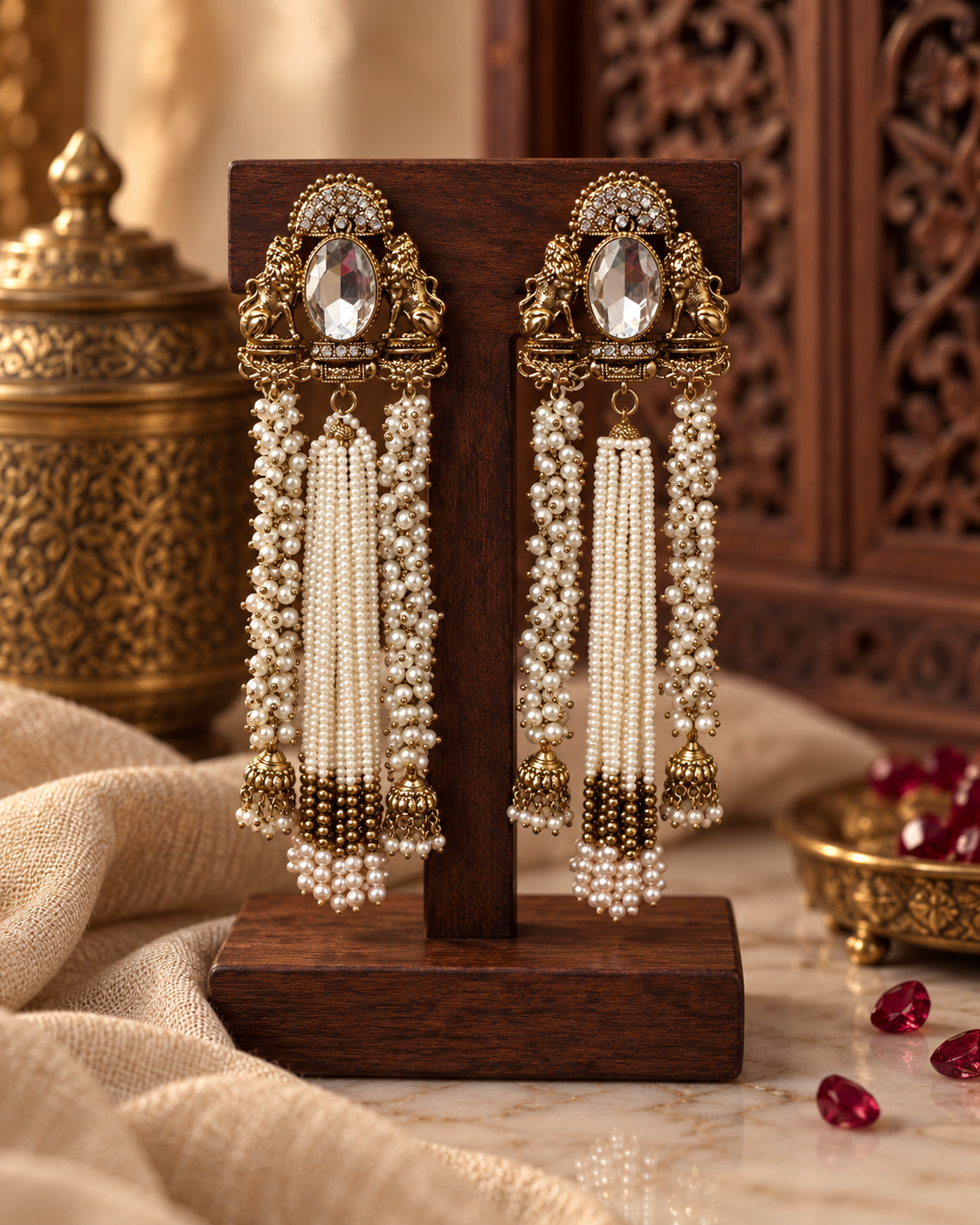 Long Pearl Earrings for Women, Traditional Gold-Tone Kundan Style Statement Earrings with Crystal Stone & Pearl Tassel Detailing, Ethnic Party Wear Jewellery for Wedding & Festive Occasions