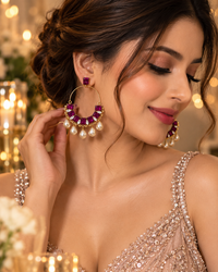 Hoop Earrings for Women, Statement Drop Earrings with Geometric Stones & Pearl Dangles, Gold-Tone Fashion Jewellery for Party, Festive & Wedding Wear