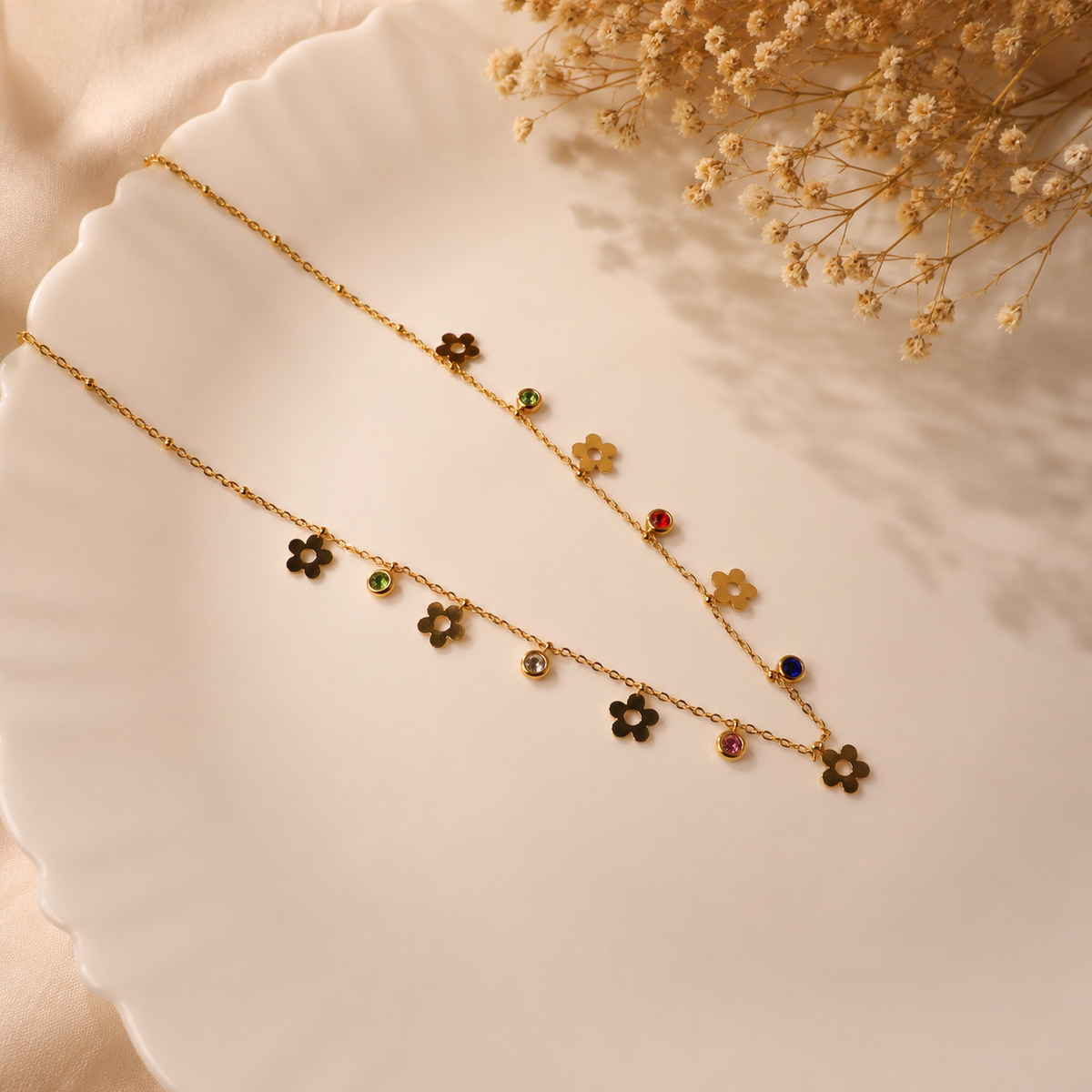 Anti Tarnish Floral Charm Necklace | Multicolor Flower Charm Necklace for Women