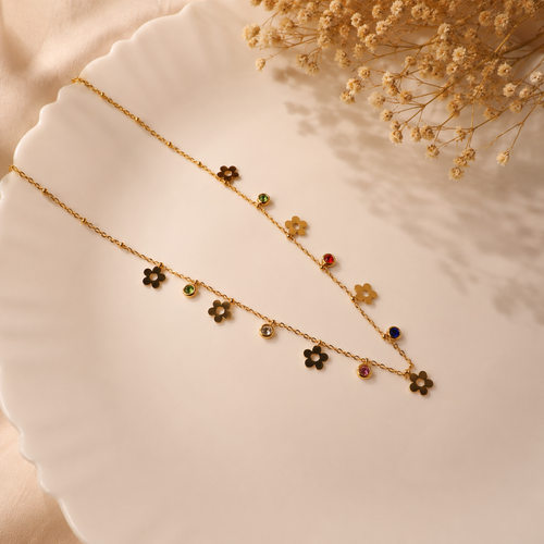 Anti Tarnish Floral Charm Necklace | Multicolor Flower Charm Necklace for Women