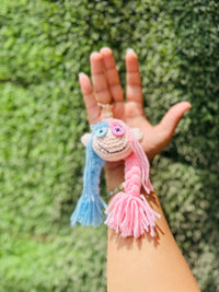 Crochet Doll Keychain with Pink & Blue Yarn Hair, Cute Doll Bag Charm and Backpack Charm for Girls, Boys & Gifting
