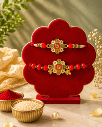 Handmade Couple Rakhi Set with Roli Chawal | Premium Designer Bhaiya Bhabhi Rakhi | Available in Green & Red | Raksha Bandhan Gift