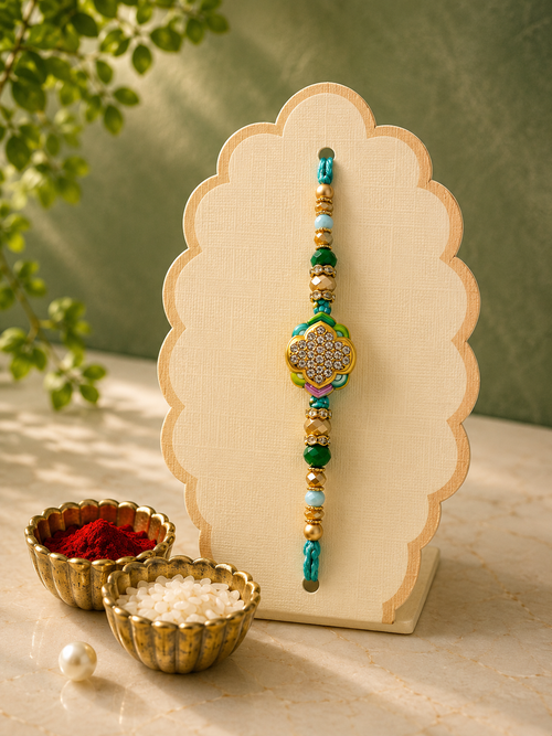 Premium Floral AD Rakhi for Brother | Handmade Designer Rakhi with American Diamond Floral Motif, Crystal Beads & Enamel Detailing | Luxury Raksha Bandhan Gift | Jugnu Store