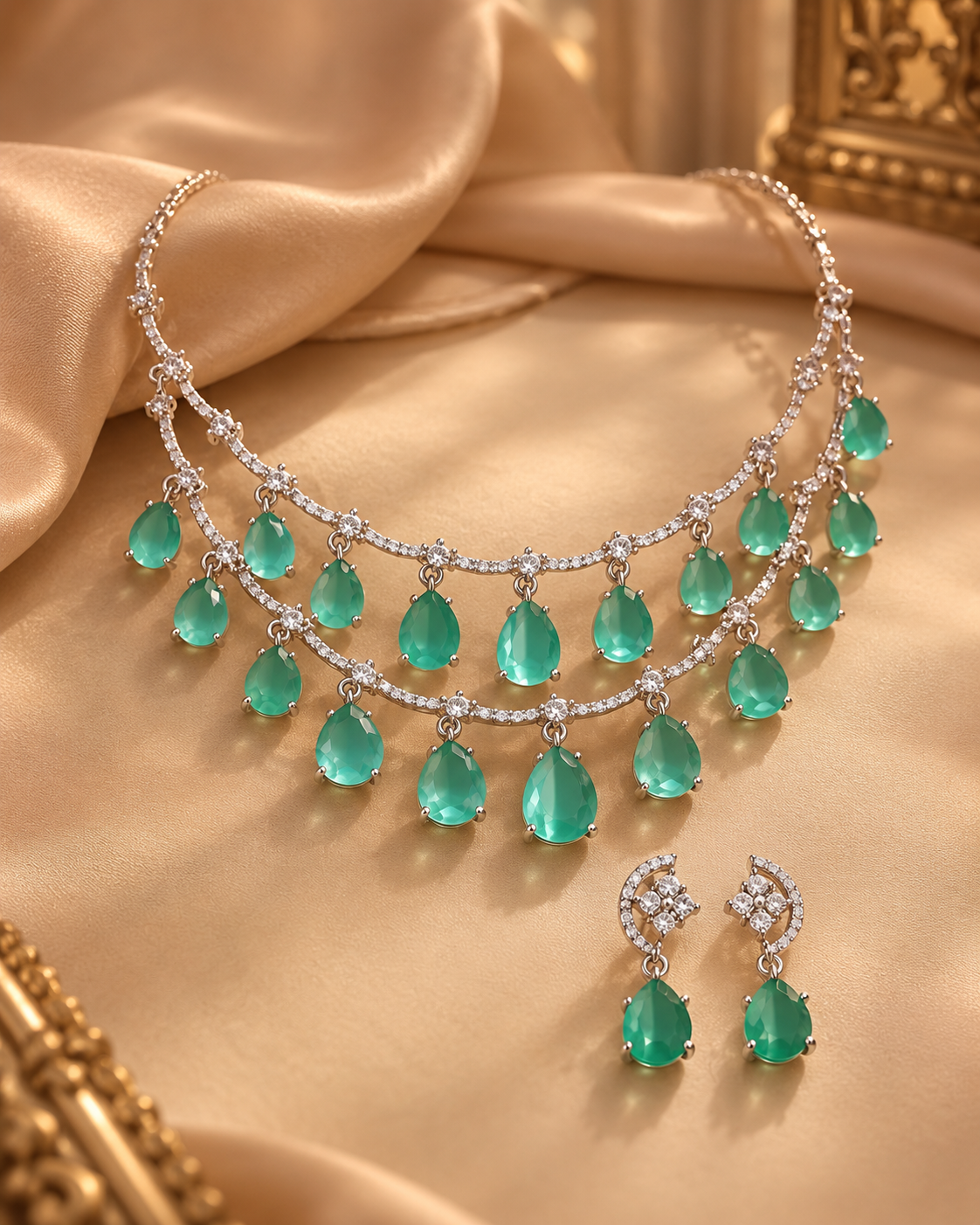 Premium AD Necklace Set for Women, Heavy Look Festive Jewellery with Necklace & Earrings, Stylish Statement Set for Karwa Chauth, Wedding, Diwali & Parties