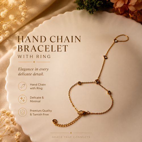 Premium Anti Tarnish Hand Chain Bracelet Ring for Women | Gold Stainless Steel Finger Bracelet with Crystal Triangle Charms | Waterproof Hand Harness Jewelry