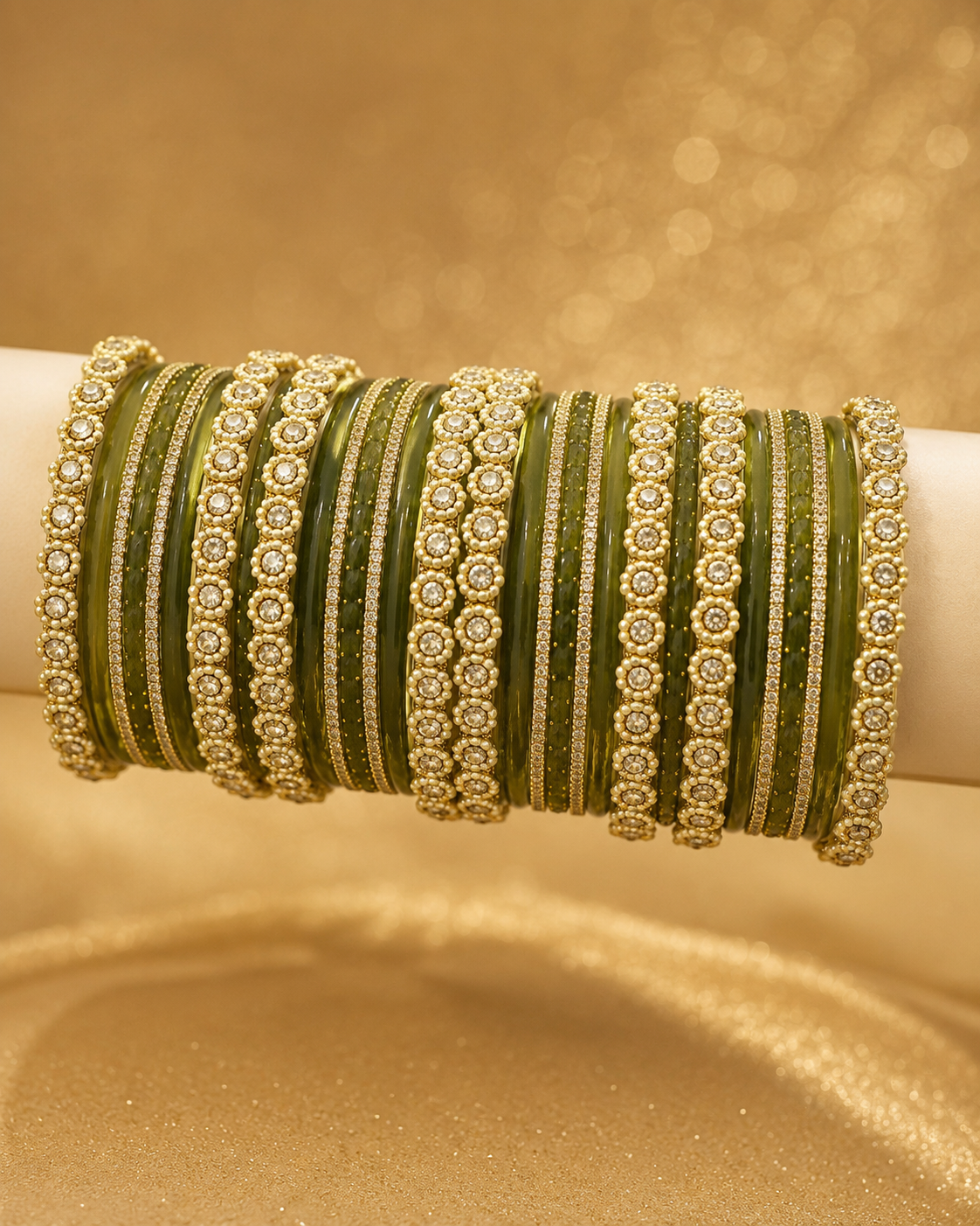 Olive Green Designer Bangles Set with Stone Border Accents