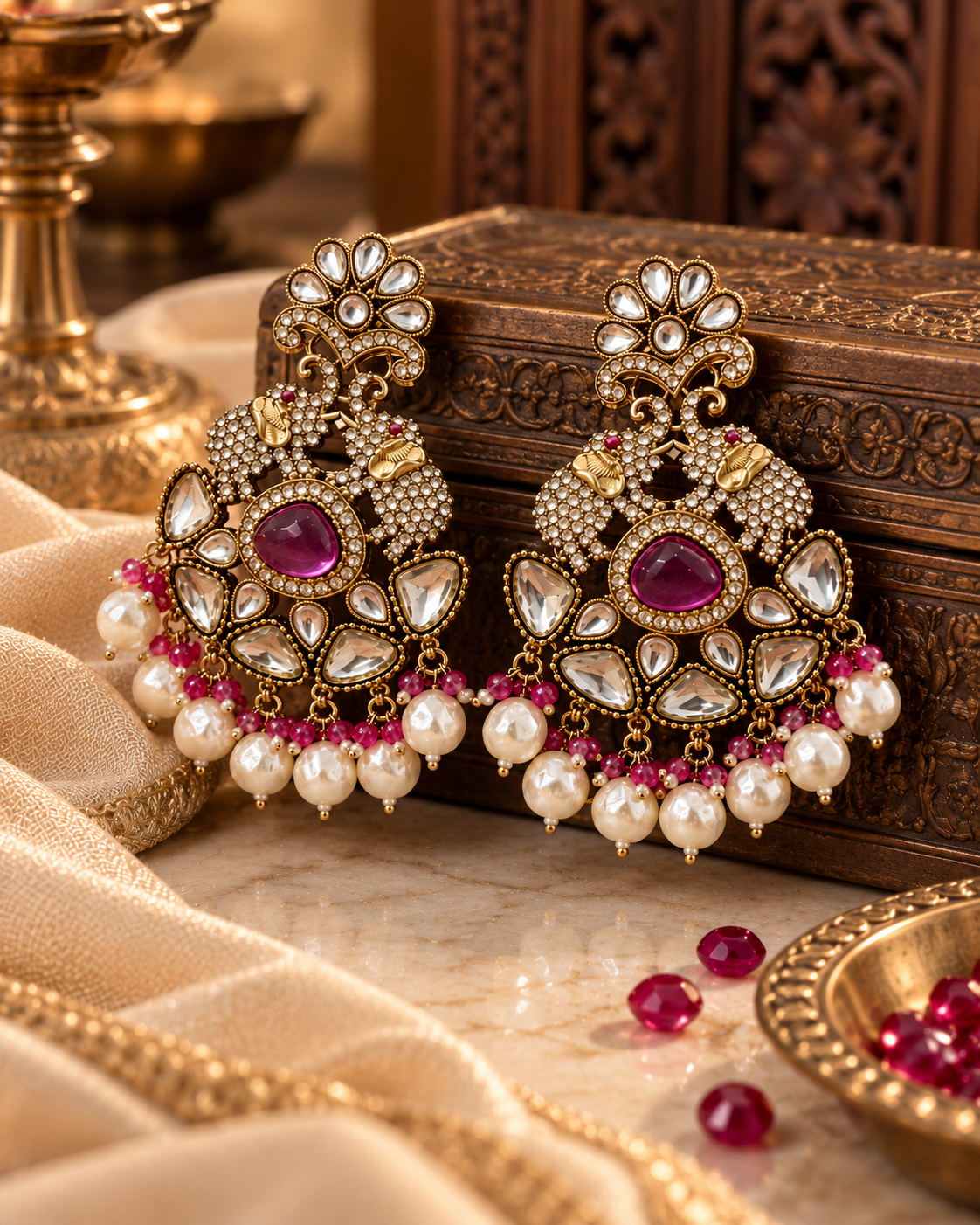 Premium Indian Statement Earrings for Women, Heavy-Look Lightweight Ethnic Earrings with Pearl and Gemstone-Style Detailing for Karwa Chauth, Diwali, Weddings & Parties