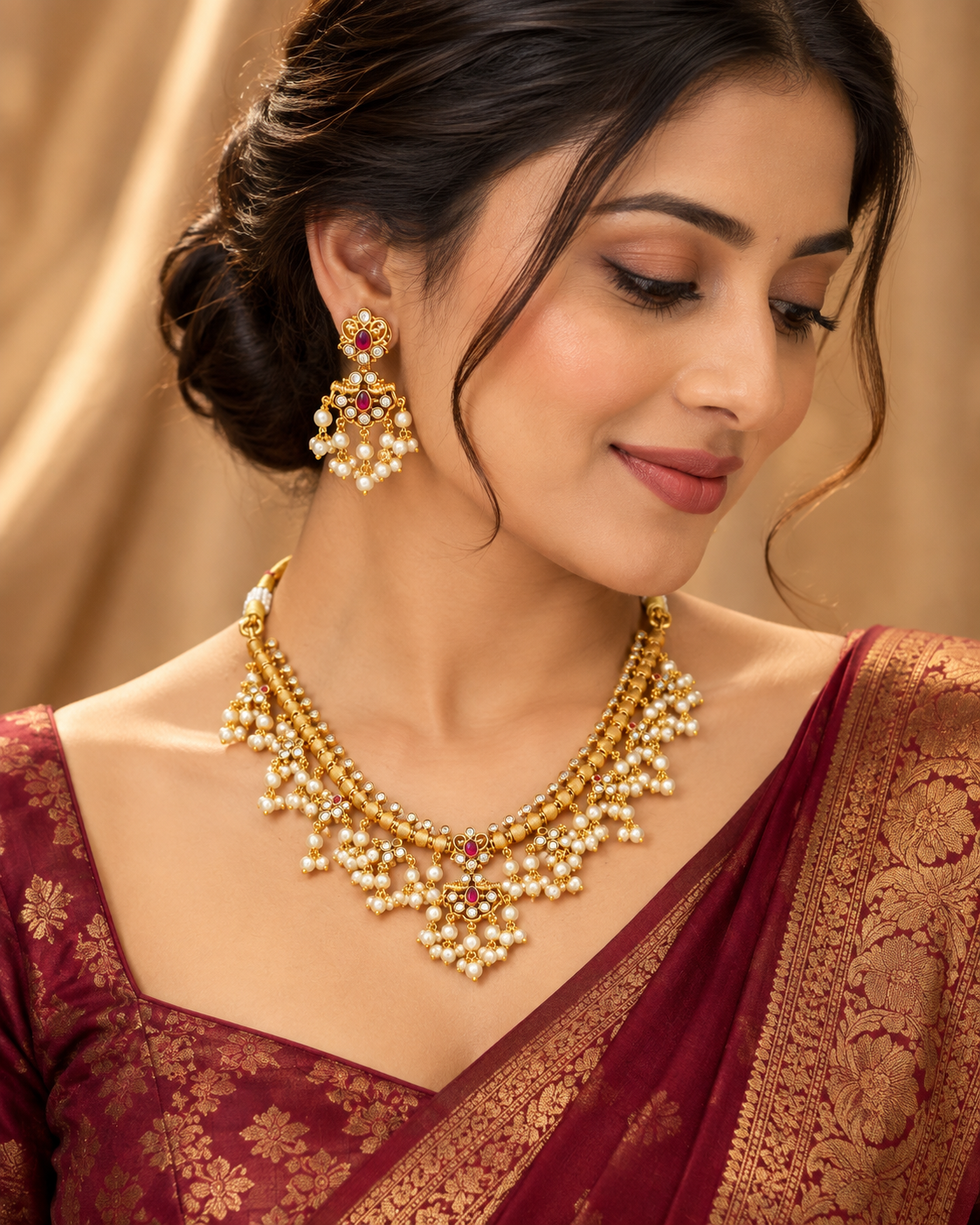 South Indian Necklace Set for Women, Gold-Look Traditional Jewellery with Necklace & Matching Earrings, Pearl-Style Accents for Wedding, Festive & Saree Wear