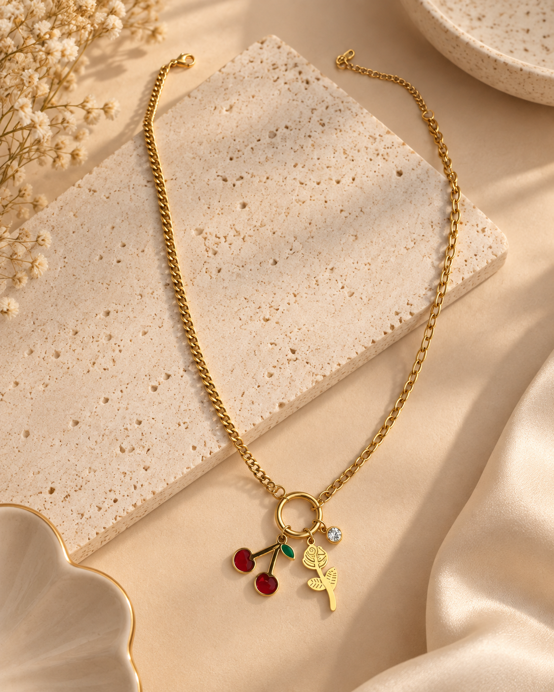 Gold Cherry Charm Necklace for Women | Trendy Cherry & Leaf Pendant Chain | Cute Statement Jewellery for Women