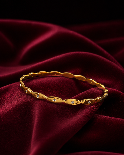 Anti Tarnish Gold Bangle Bracelet for Women | Stylish Wavy Design with Crystal Accents | Elegant Gold-Tone Kada | Size 2.6 | Everyday, Office & Party Wear