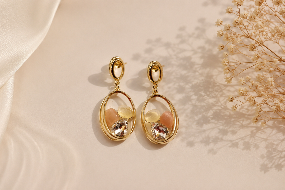 Pastel Stone Anti-Tarnish Drop Earrings | Crystal Statement Earrings | Elegant Gold-Tone Earrings for Women
