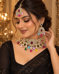Premium Indian Multicolour Necklace Set for Women with Earrings & Maang Tikka, Heavy-Look Lightweight Festive Jewellery Set for Karwa Chauth, Diwali, Weddings & Parties