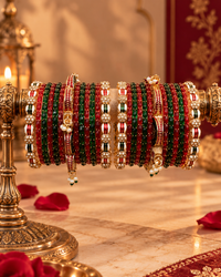Red Green Rajwada Kundan Bangles for Women, Designer Stone Studded Kangan Set with Traditional Gold-Tone Kadas, Bridal Wedding Festive Jewellery, Size 2.4
