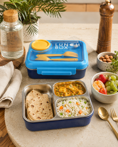 3 Compartment Stainless Steel Leakproof Lunch Box with Spoon & Fork