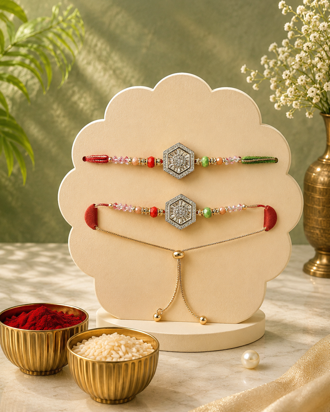 Premium AD Couple Rakhi Set with Roli Chawal | Designer Bhaiya Bhabhi Rakhi | American Diamond Rakhi for Raksha Bandhan