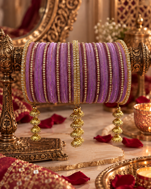 Lavender Velvet Bangles for Women, Designer Stone Studded Kangan Set, Traditional Bridal Jewellery for Wedding Festive Wear, Sizes 2.4 2.6 2.8
