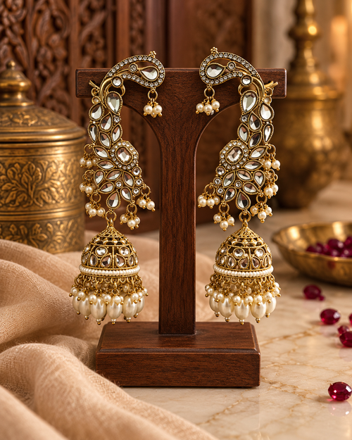 Premium Indian Ear Cuff Jhumka Earrings for Women, Heavy-Look Lightweight Festive Statement Earrings with Beads for Karwa Chauth, Diwali, Weddings & Functions