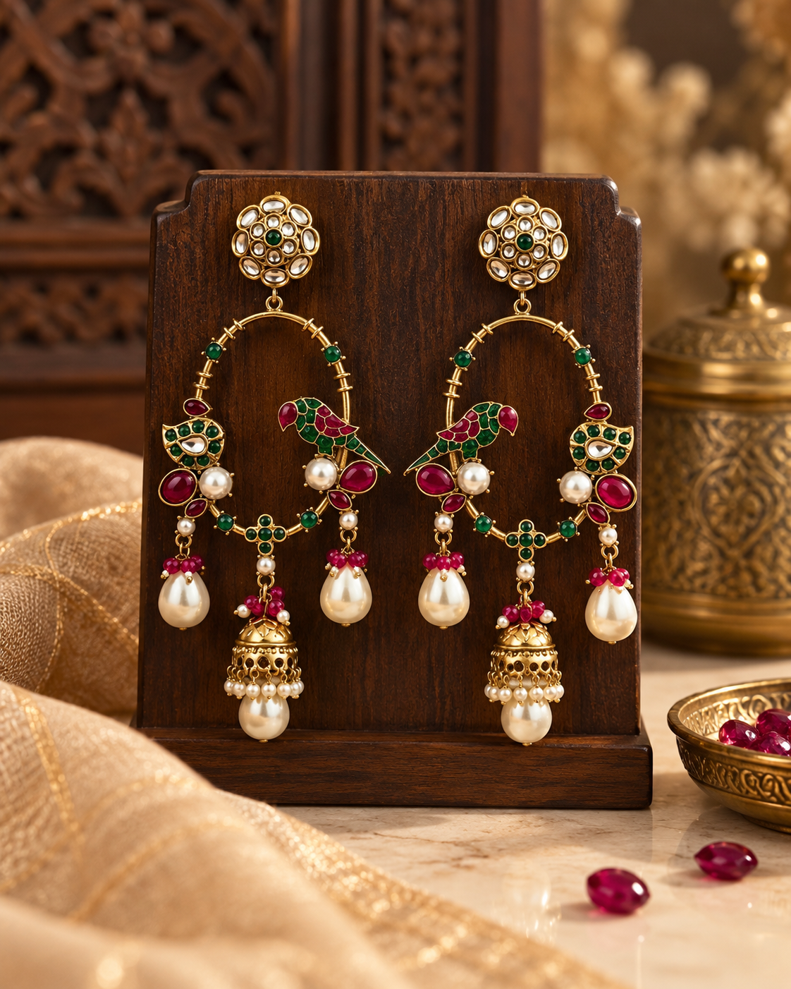 Festive Indian Earrings for Women, Lightweight Parrot Design Ethnic Earrings with Pearl Drops, Traditional Jewellery for Karwa Chauth, Diwali, Wedding & Functions