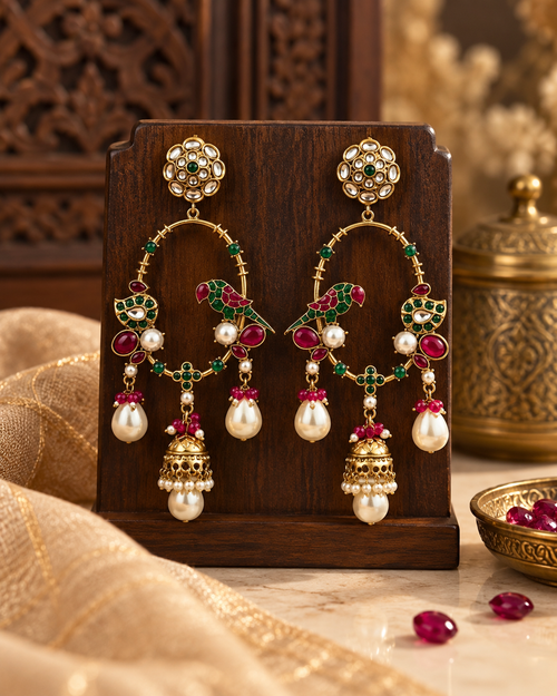 Festive Indian Earrings for Women, Lightweight Parrot Design Ethnic Earrings with Pearl Drops, Traditional Jewellery for Karwa Chauth, Diwali, Wedding & Functions