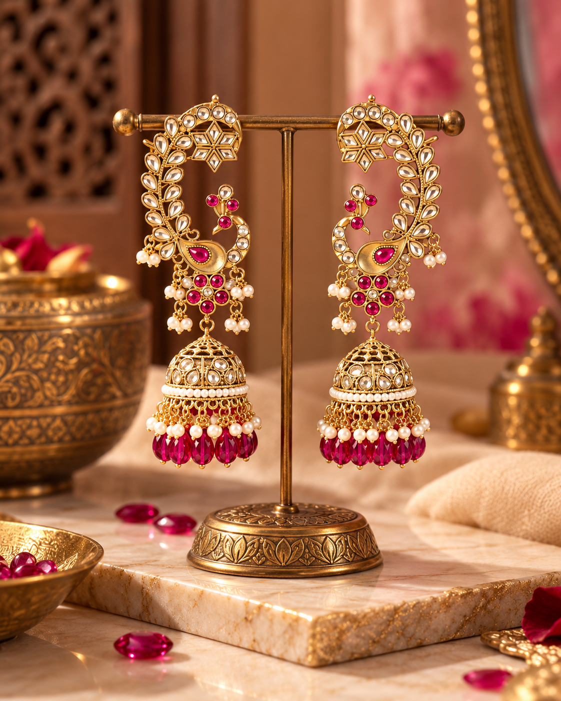 Traditional Gold-Tone Peacock Jhumka Earrings with Ruby Pink Stones & Pearl Drops for Women