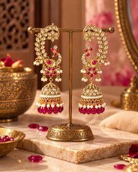 Traditional Gold-Tone Peacock Jhumka Earrings with Ruby Pink Stones & Pearl Drops for Women