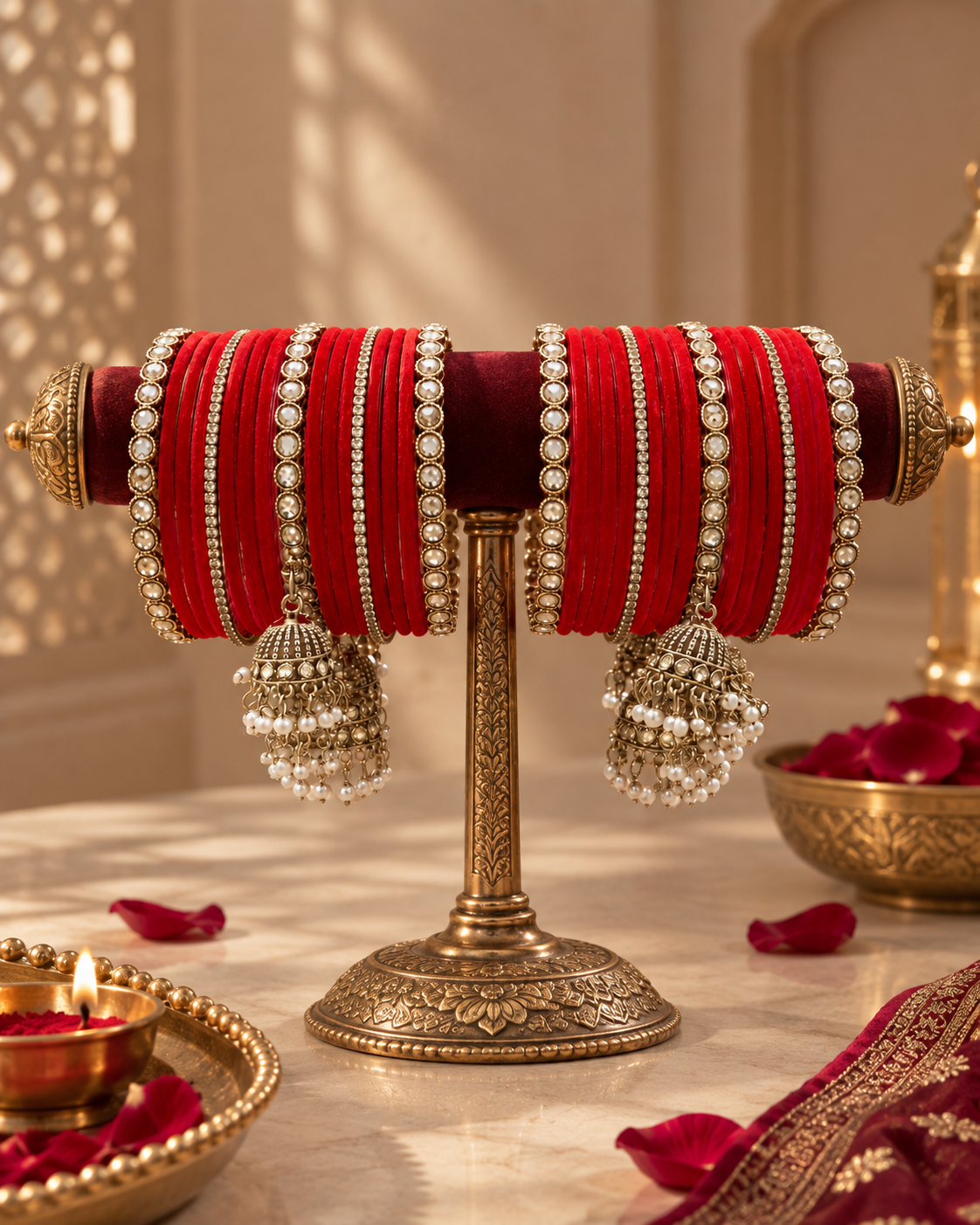 Red Velvet Bangle Set for Women, Designer Stone Studded Chooda Kangan, Traditional Ethnic Jewellery for Wedding Festive Wear, Size 2.6