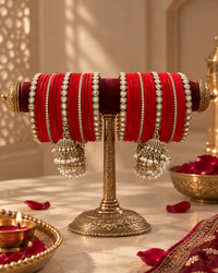 Red Velvet Bangle Set for Women, Designer Stone Studded Chooda Kangan, Traditional Ethnic Jewellery for Wedding Festive Wear, Size 2.6
