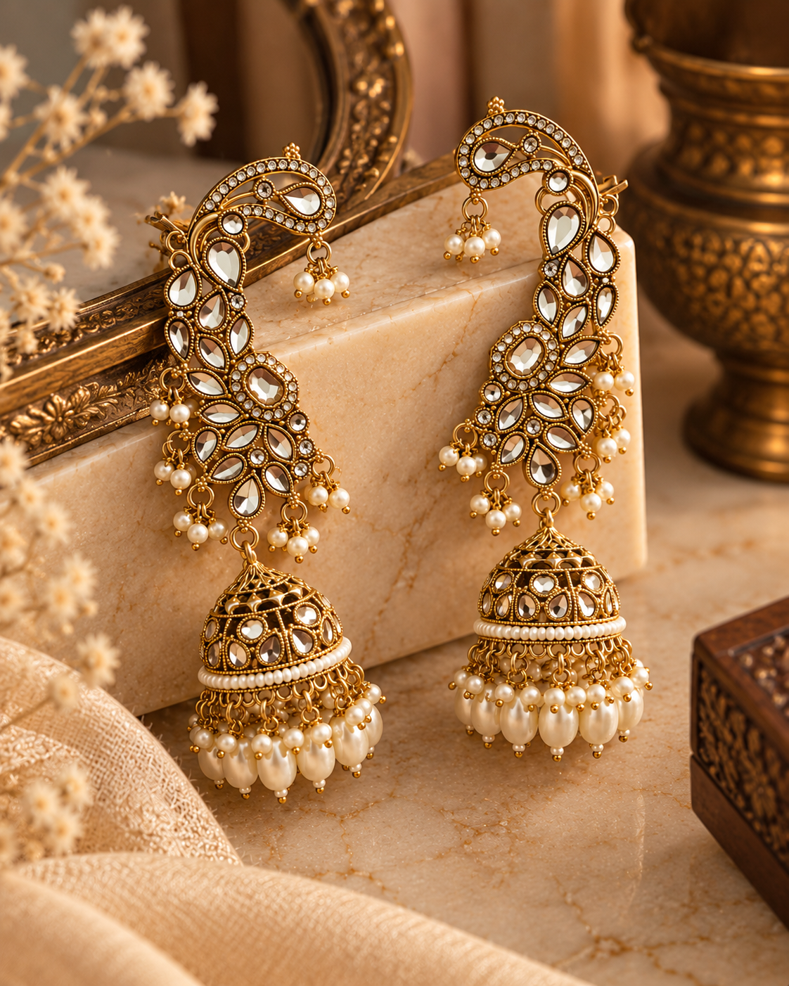 Premium Indian Ear Cuff Jhumka Earrings for Women, Heavy-Look Lightweight Festive Statement Earrings with Beads for Karwa Chauth, Diwali, Weddings & Functions
