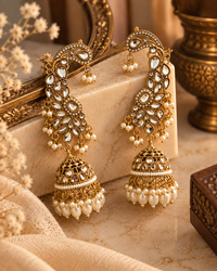 Premium Indian Ear Cuff Jhumka Earrings for Women, Heavy-Look Lightweight Festive Statement Earrings with Beads for Karwa Chauth, Diwali, Weddings & Functions