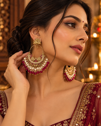 Ruby Red Chandbali Earrings with Pearl Drops | Gold-Tone Traditional Statement Jewellery for Women