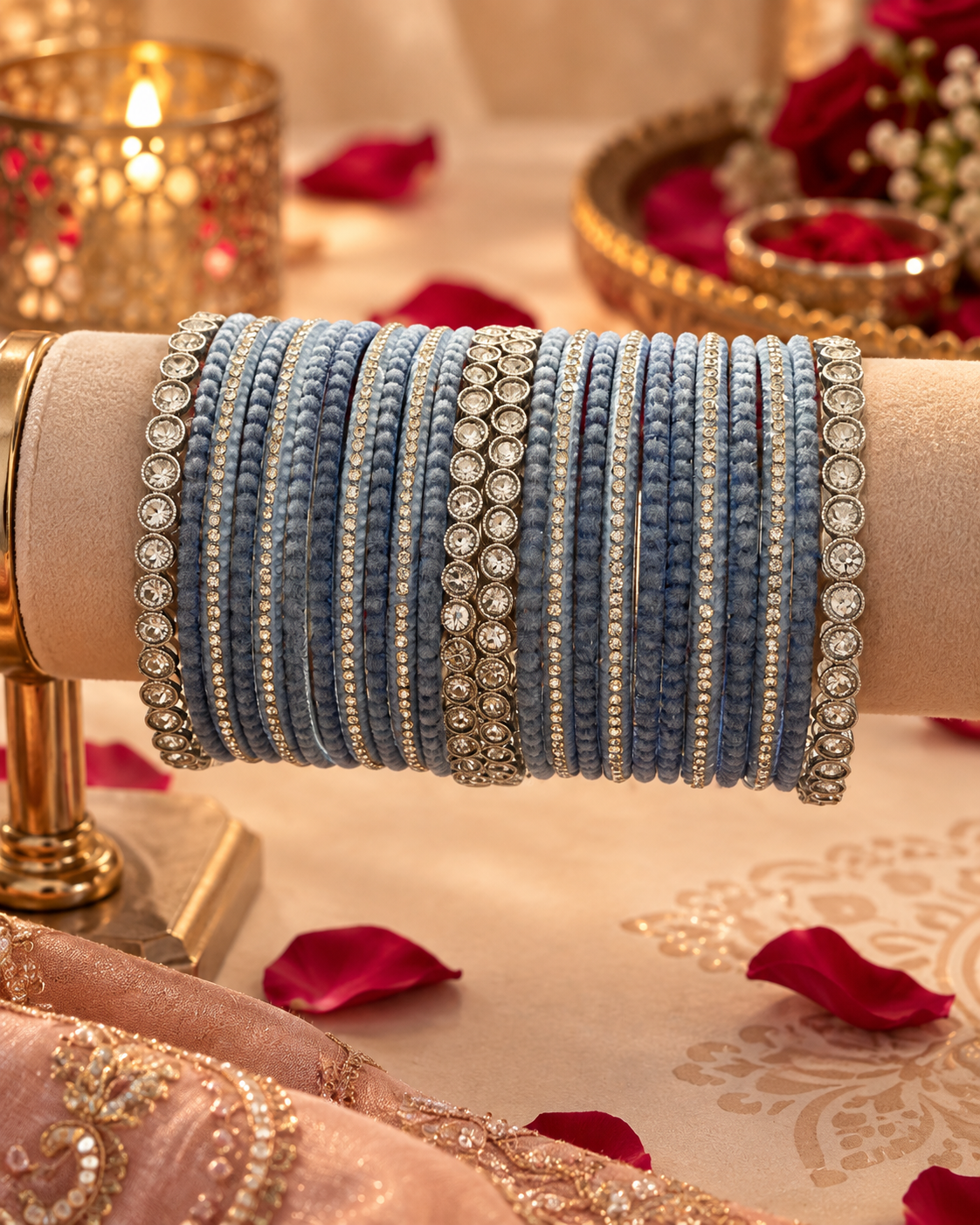 Pastel Blue Designer Bangles for Women, Stone Studded Traditional Kangan Set, Elegant Ethnic Jewellery for Wedding Festive Wear, Sizes 2.4, 2.6 & 2.8