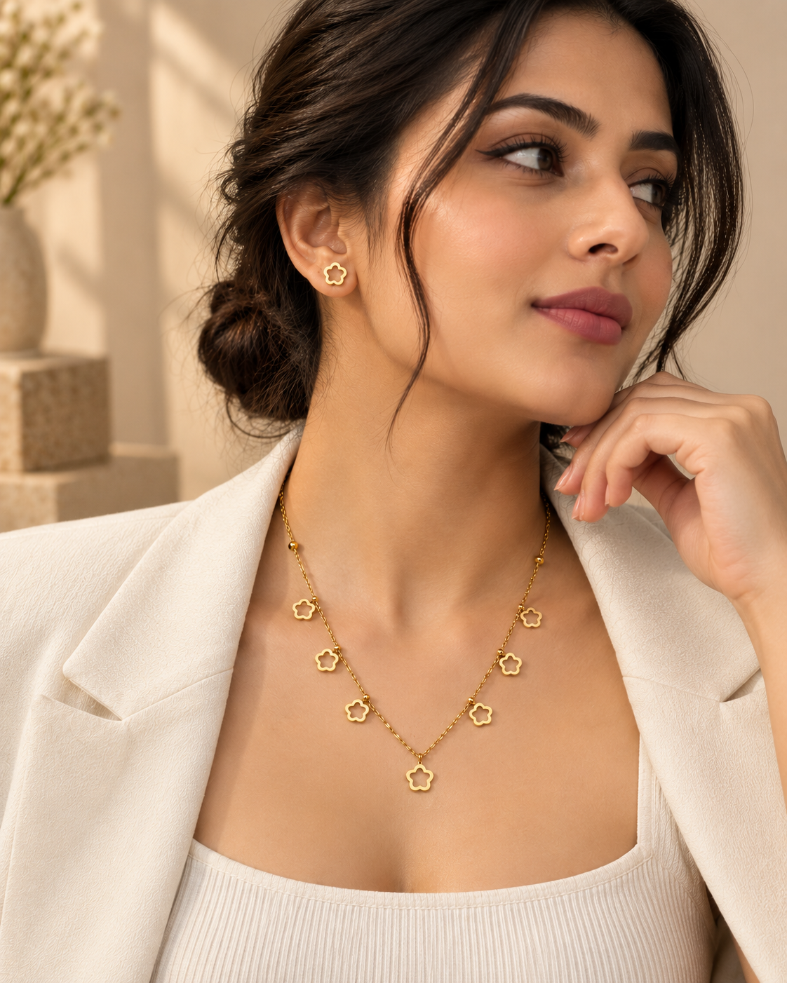 Anti-Tarnish Gold Flower Jewellery Set | Dainty Floral Necklace & Earrings Set for Women