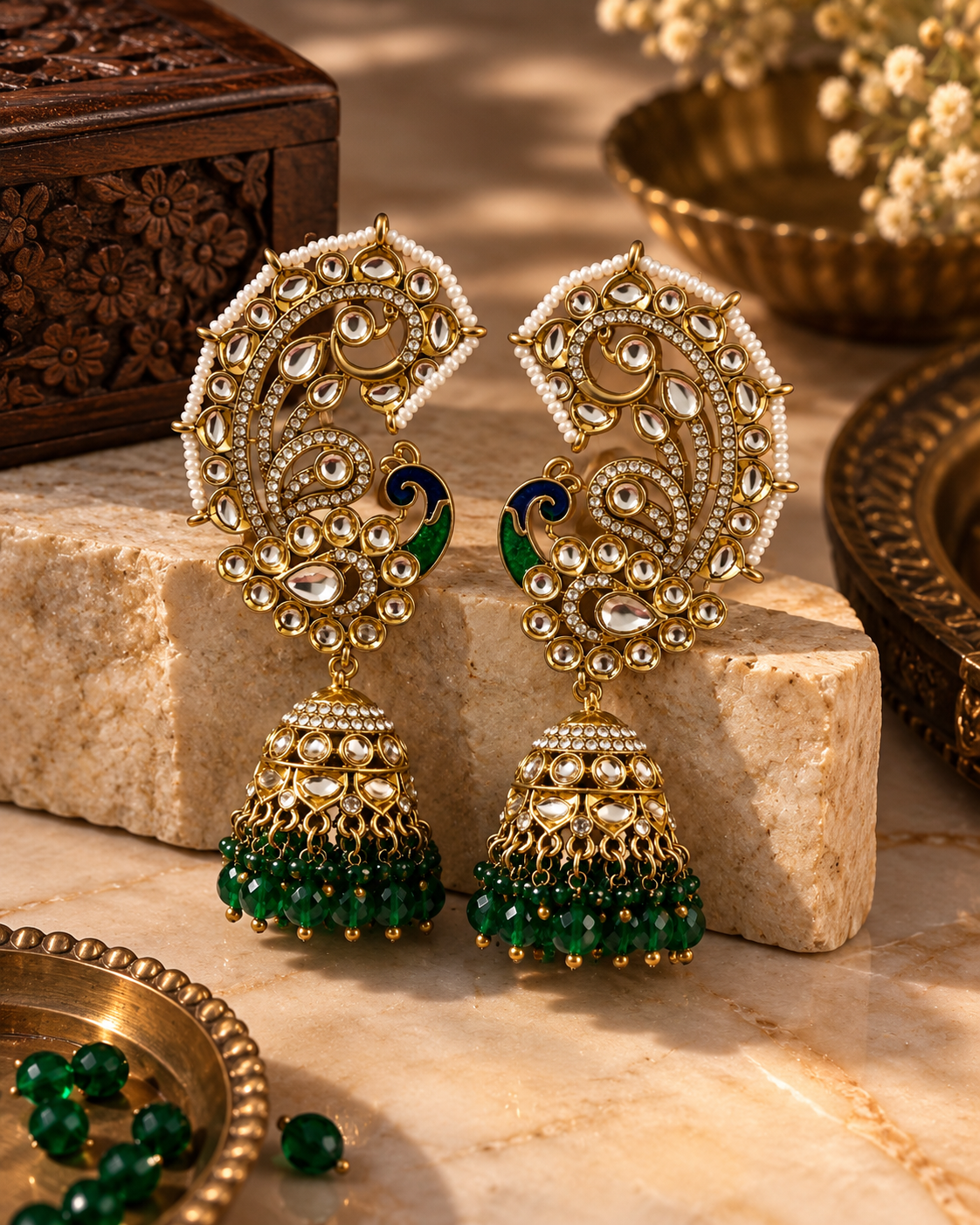Kundan Ear Cuffs for Women, Peacock Design Festive Earrings with Pearl Border and Green Bead Jhumka Detailing for Karwa Chauth, Diwali, Wedding & Parties