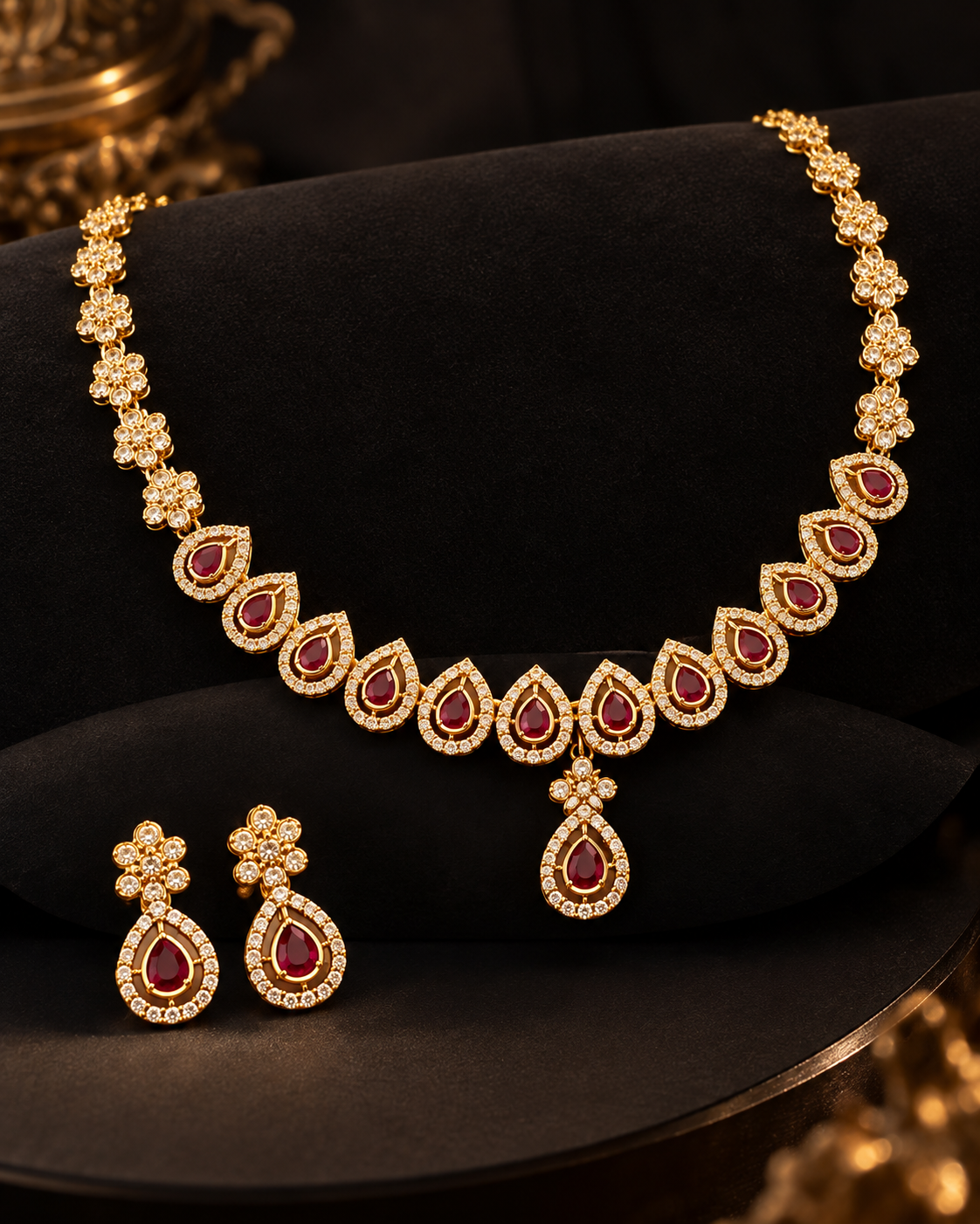 AD Necklace Set for Women, Premium Gold-Look American Diamond Jewellery with Necklace & Matching Earrings, Traditional Festive Wedding Jewellery for Saree & Ethnic Wear
