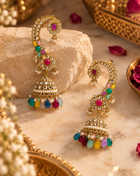 Multicolour Kundan Jhumka Earrings for Women | Traditional Gold-Tone Festive Jewellery