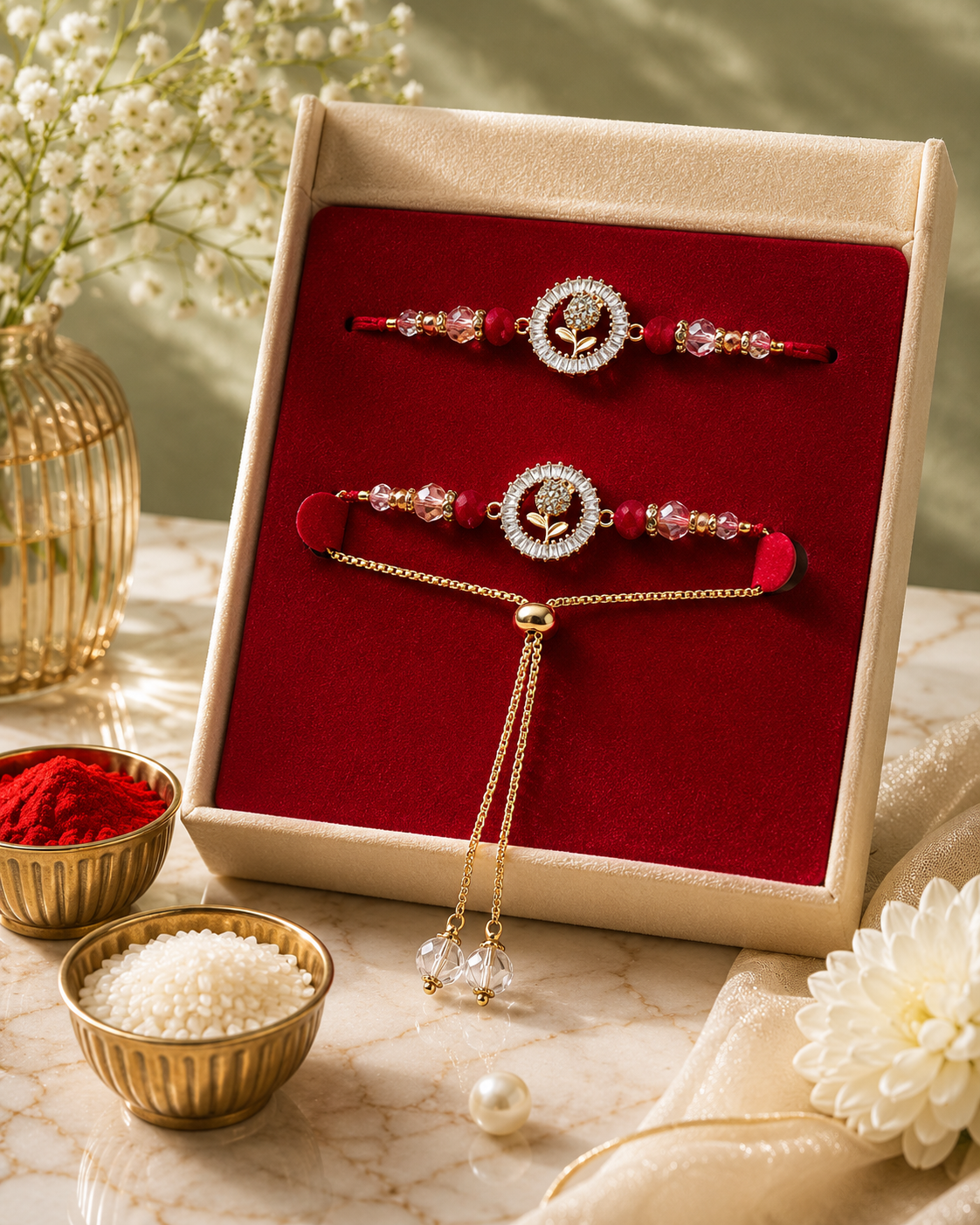 Bhaiya Bhabhi Couple Rakhi Set | Premium Designer Rakhi & Lumba Combo for Brother and Sister-in-Law | Handmade Crystal Rakhi Gift for Raksha Bandhan | Jugnu Store