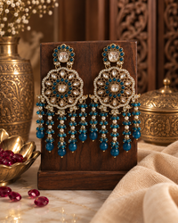 Statement Chandbali Earrings for Women, Blue Stone Ethnic Indian Jewellery with Pearl Bead Drops, Traditional Designer Earrings for Wedding, Festive & Party Wear