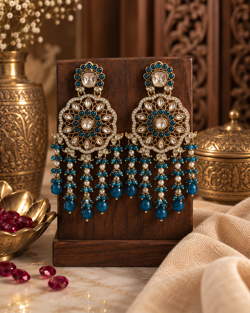 Statement Chandbali Earrings for Women, Blue Stone Ethnic Indian Jewellery with Pearl Bead Drops, Traditional Designer Earrings for Wedding, Festive & Party Wear