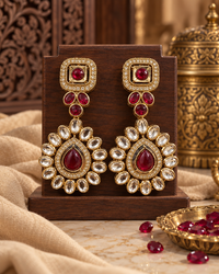 Festive Indian Earrings for Women, Minimalist Gold-Tone Red & Green Stone-Style Drop Earrings, Traditional Ethnic Jewellery for Karwa Chauth, Wedding, Diwali & Functions