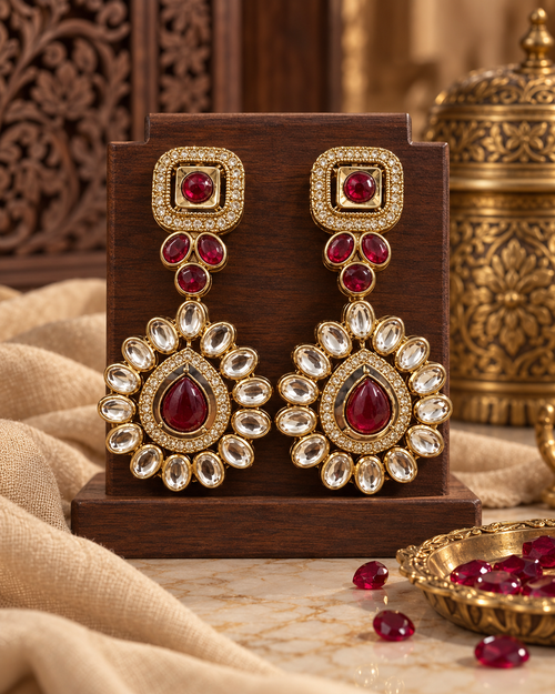 Festive Indian Earrings for Women, Minimalist Gold-Tone Red & Green Stone-Style Drop Earrings, Traditional Ethnic Jewellery for Karwa Chauth, Wedding, Diwali & Functions