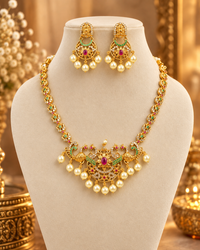 South Indian Style Necklace Set for Women, Multicolour Gold-Look Temple Jewellery with Matching Earrings, Peacock Design Festive Ethnic Jewellery for Wedding, Diwali & Functions