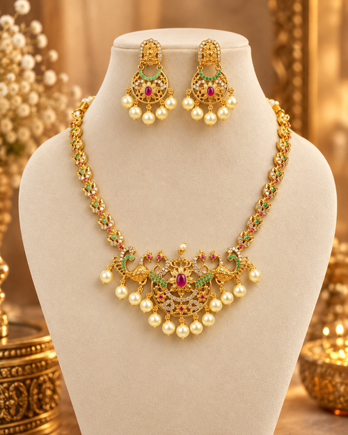 South Indian Style Necklace Set for Women, Multicolour Gold-Look Temple Jewellery with Matching Earrings, Peacock Design Festive Ethnic Jewellery for Wedding, Diwali & Functions