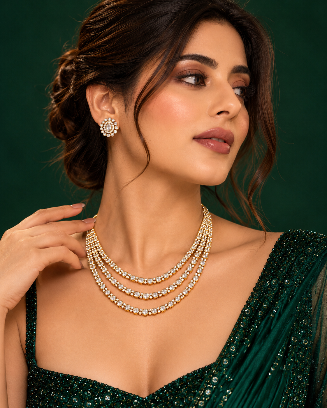 Premium Heavy Look AD Necklace Set for Women, 3-Layer Necklace with Matching Earrings, Festive Jewellery for Wedding, Karwa Chauth, Diwali & Parties