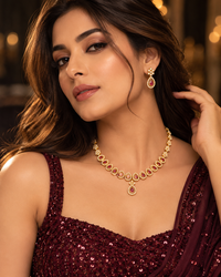 AD Necklace Set for Women, Premium Gold-Look American Diamond Jewellery with Necklace & Matching Earrings, Traditional Festive Wedding Jewellery for Saree & Ethnic Wear
