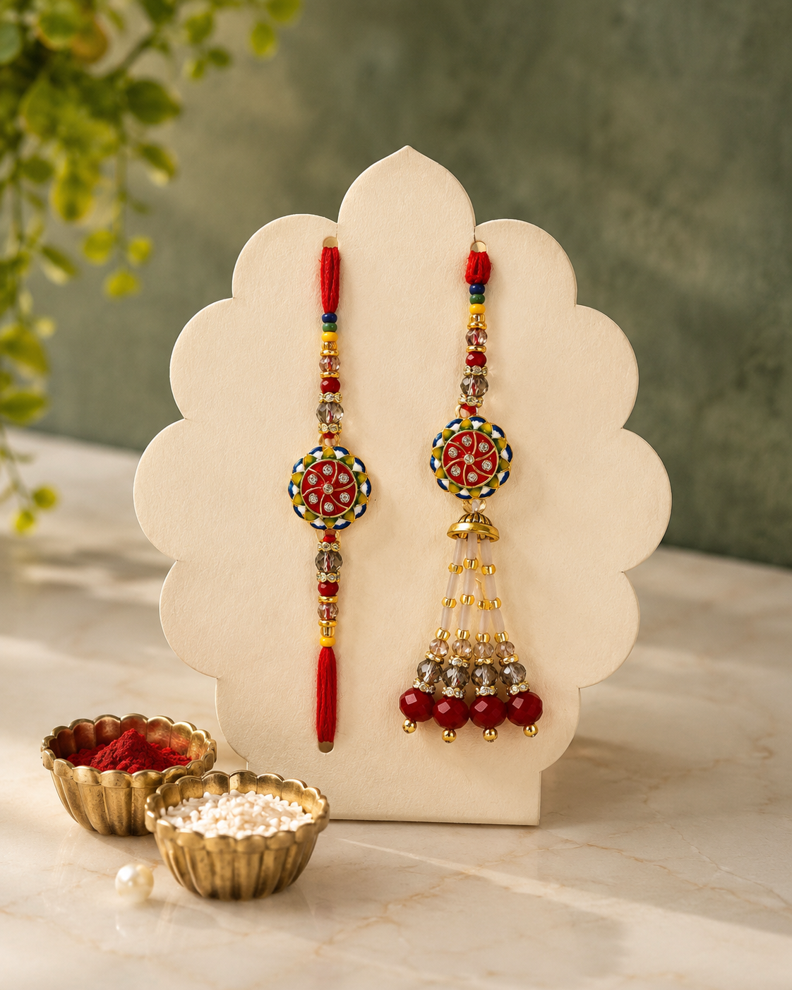 AD Bhaiya Bhabhi Couple Rakhi Set | Premium Designer Bhai Rakhi & Traditional Lumba Rakhi Combo with American Diamond, Meenakari Work | 2 Variants | Jugnu Store